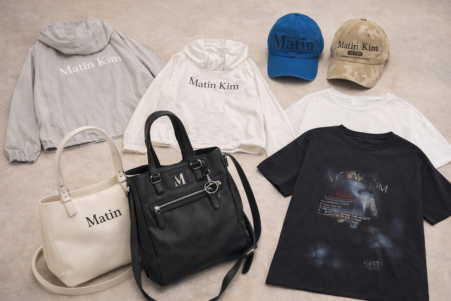 マーティンキムの日本店舗で購入できる人気アイテム（ロゴバッグ・キャップ・Tシャツ・パーカー）のイメージ