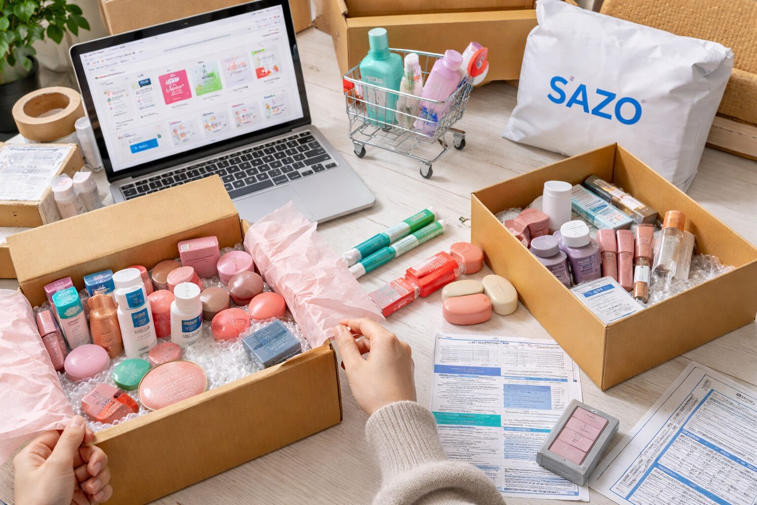 韓国コスメを購入代行サービスで梱包・発送する様子｜日本から韓国ダイソー商品を取り寄せるイメージ