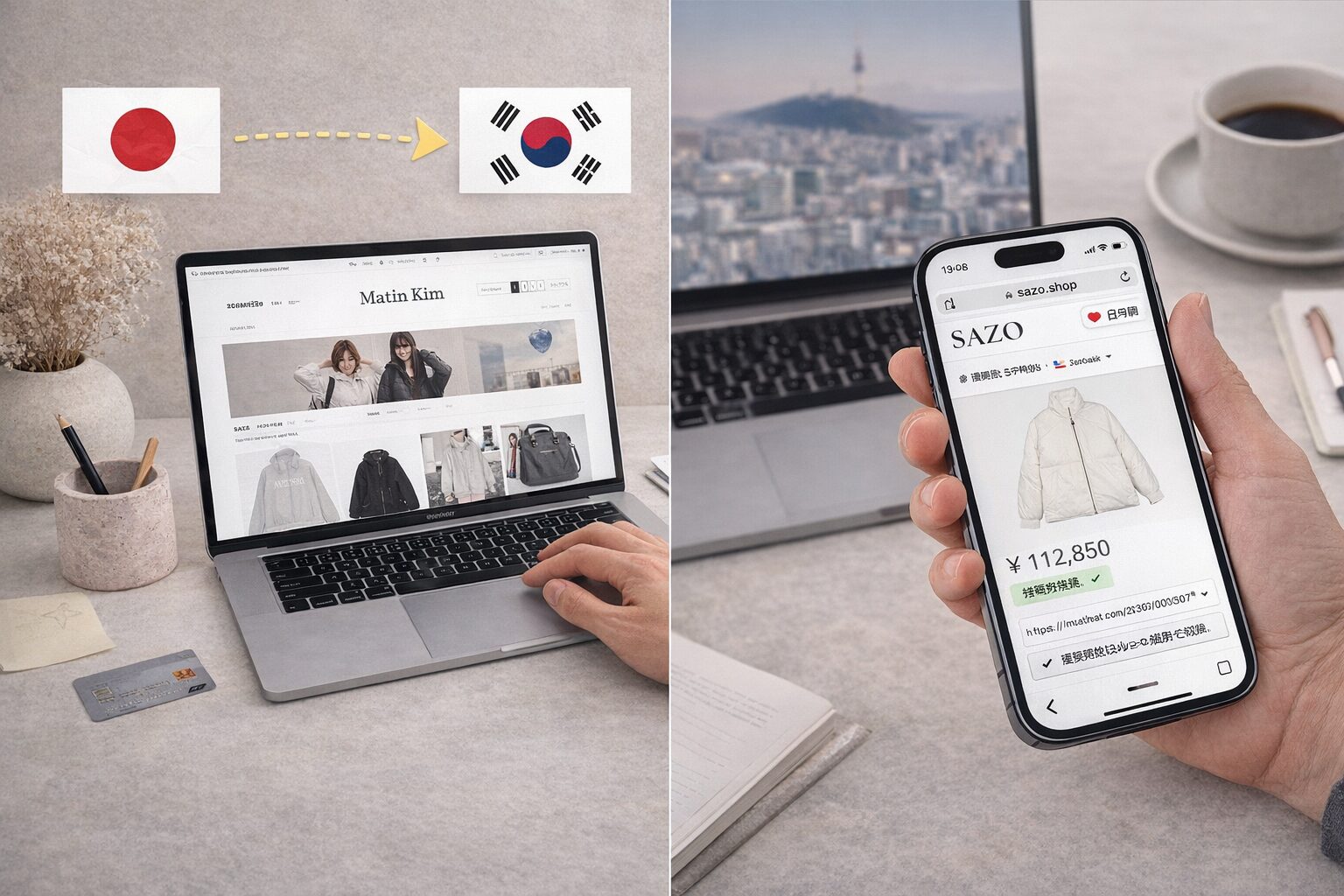 日本から韓国のマーティンキムを購入する方法（韓国サイト閲覧と購入代行サービス利用のイメージ）
