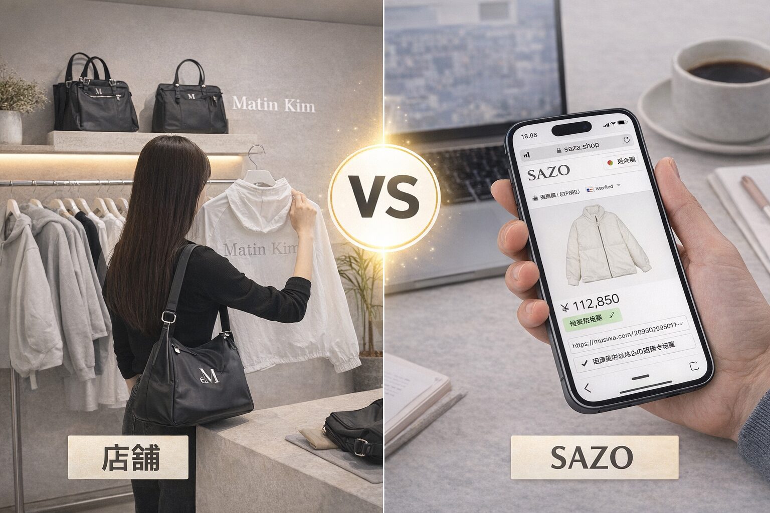 マーティンキムの店舗購入と購入代行サービスを比較したイメージ（店頭で商品を見る女性とスマホ通販の画面）