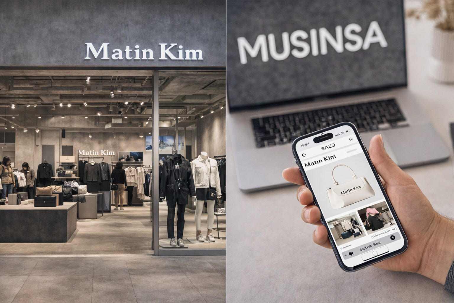 マーティンキムの日本店舗とオンライン購入方法を比較したイメージ（店舗とスマホ通販のビジュアル）