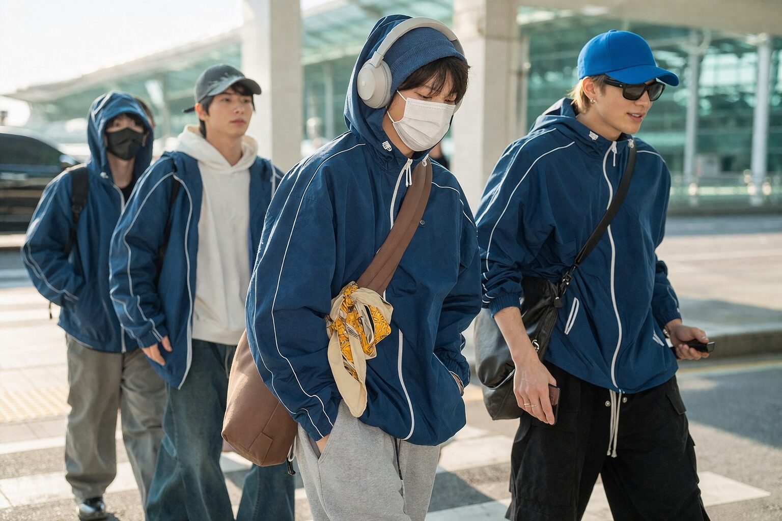 BTS着用で話題のKeep Swimmingウインドブレーカー風の青いジャケットを着た男性たちの空港ファッション