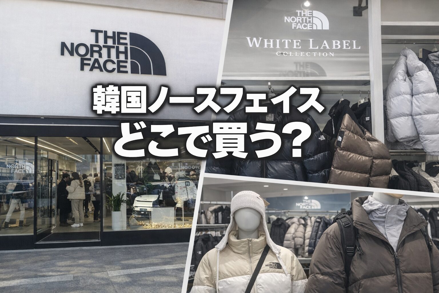 韓国の**The North Face店舗外観と、韓国限定ラインThe North Face White Label**のダウンジャケット展示