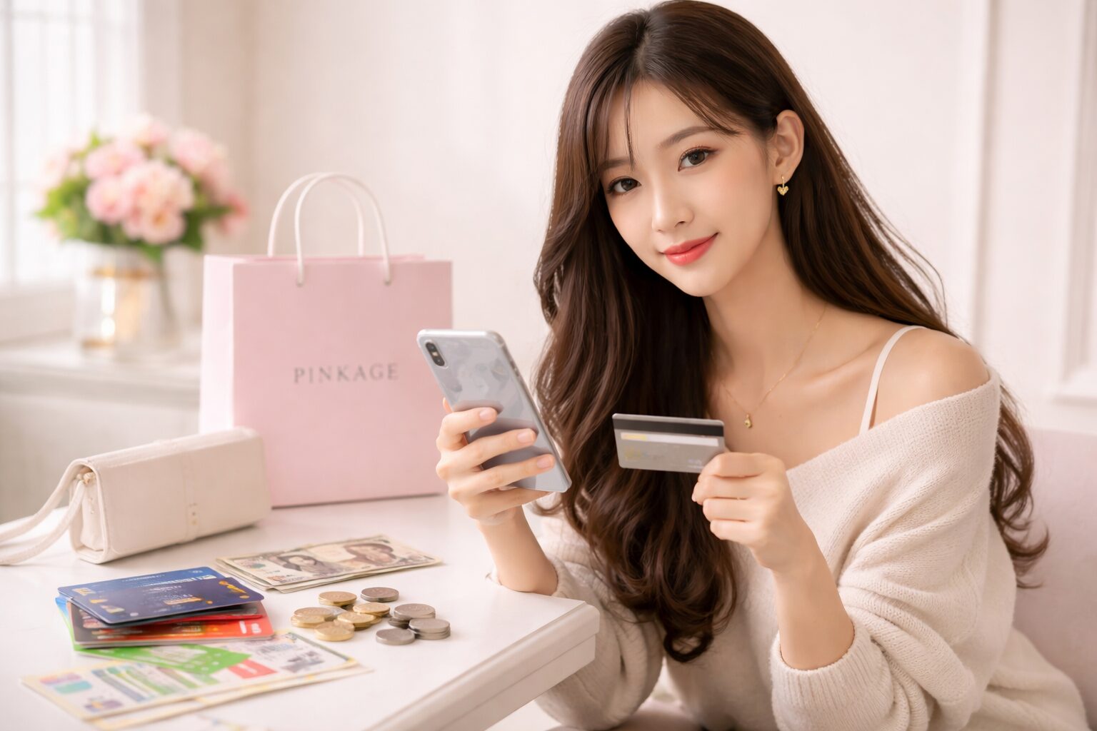 ピンクエイジの支払い方法：ピンクヘアの女性がスマートフォンでショッピングを楽しむおしゃれな韓国風イメージ