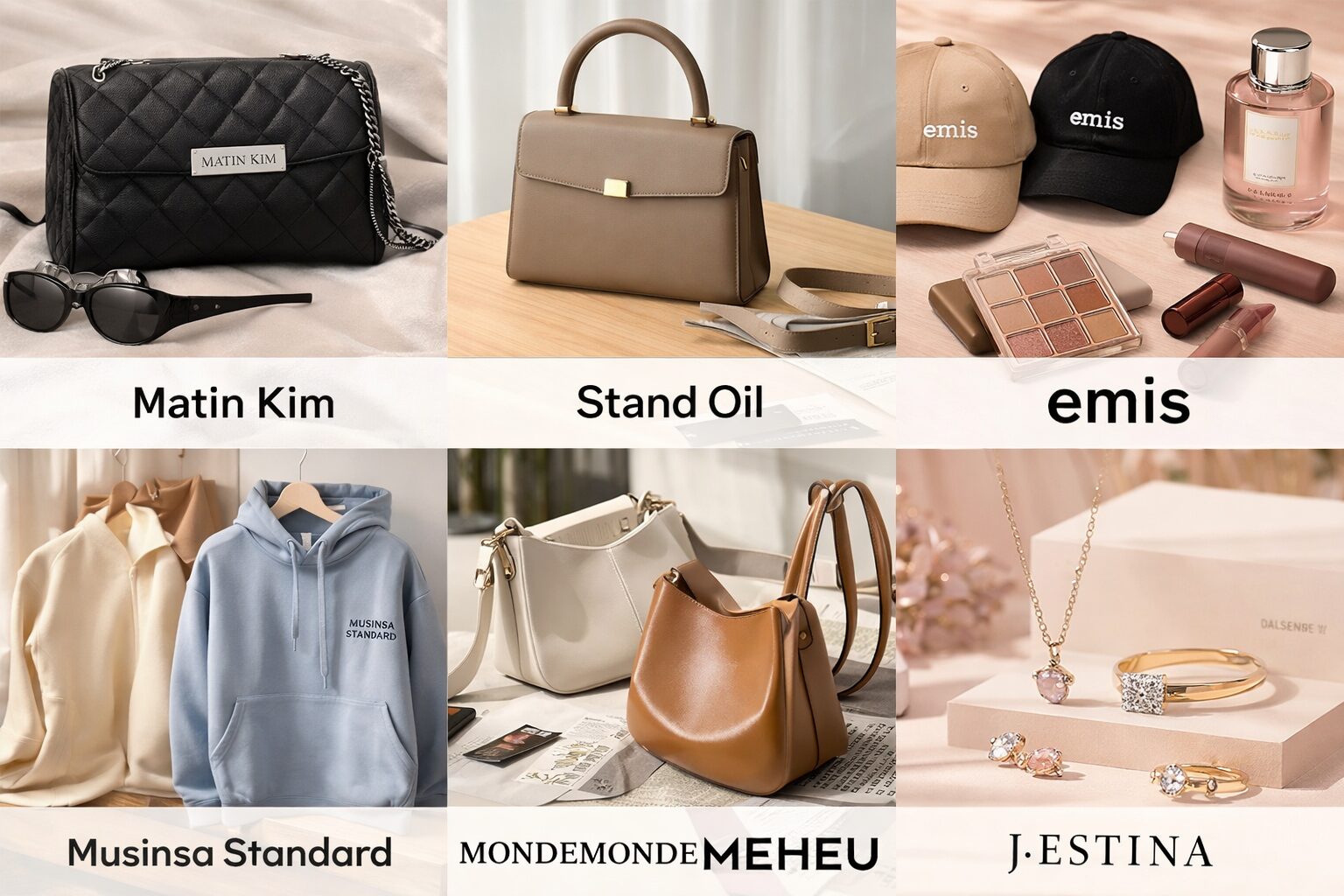 韓国でしか買えない人気ブランド一覧としてバッグ・キャップ・コスメ・洋服・ジュエリーをまとめたイメージ画像