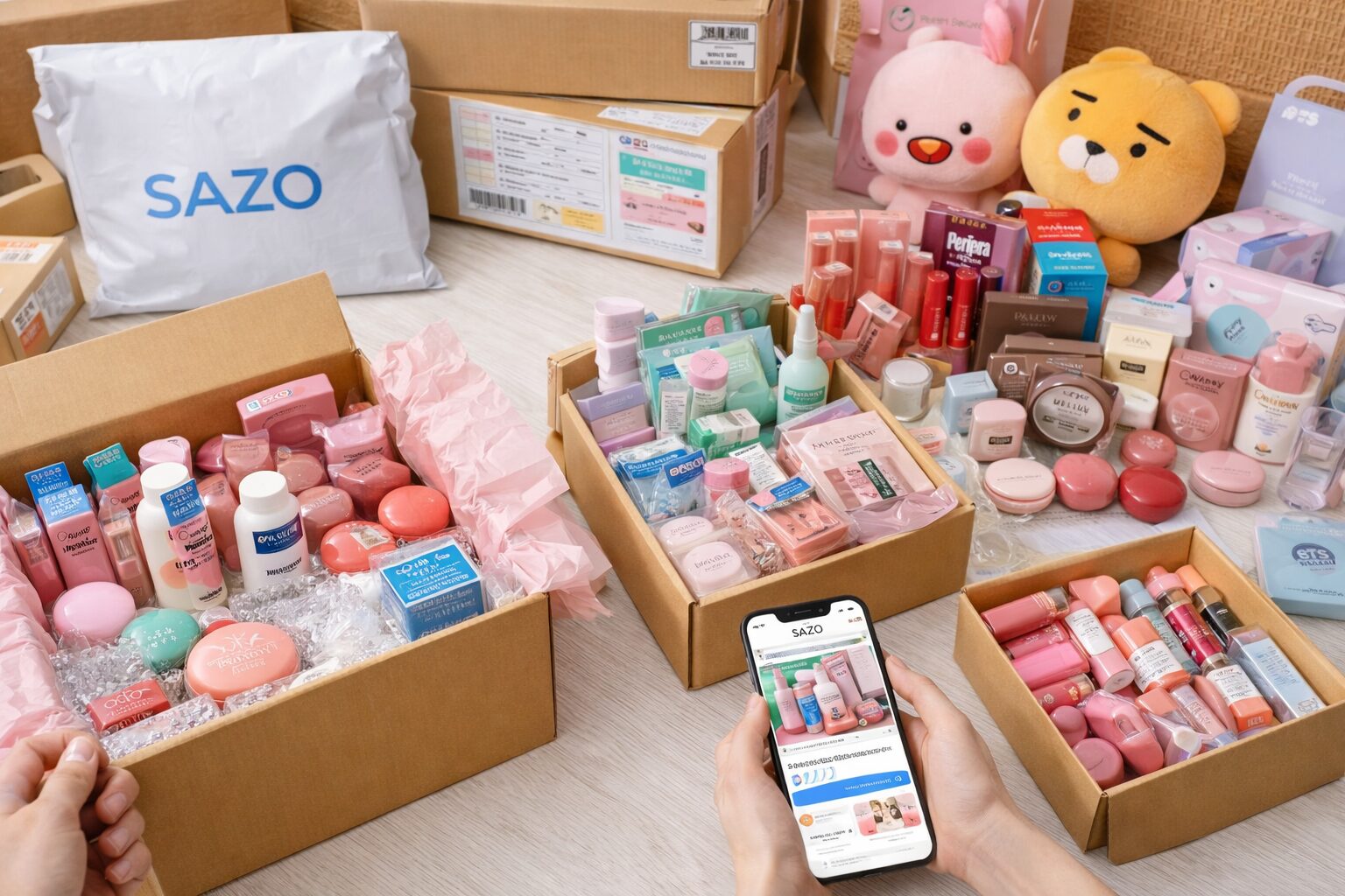 購入代行サービスで韓国コスメをまとめて購入・発送する様子｜ダイソー商品も含まれるイメージ