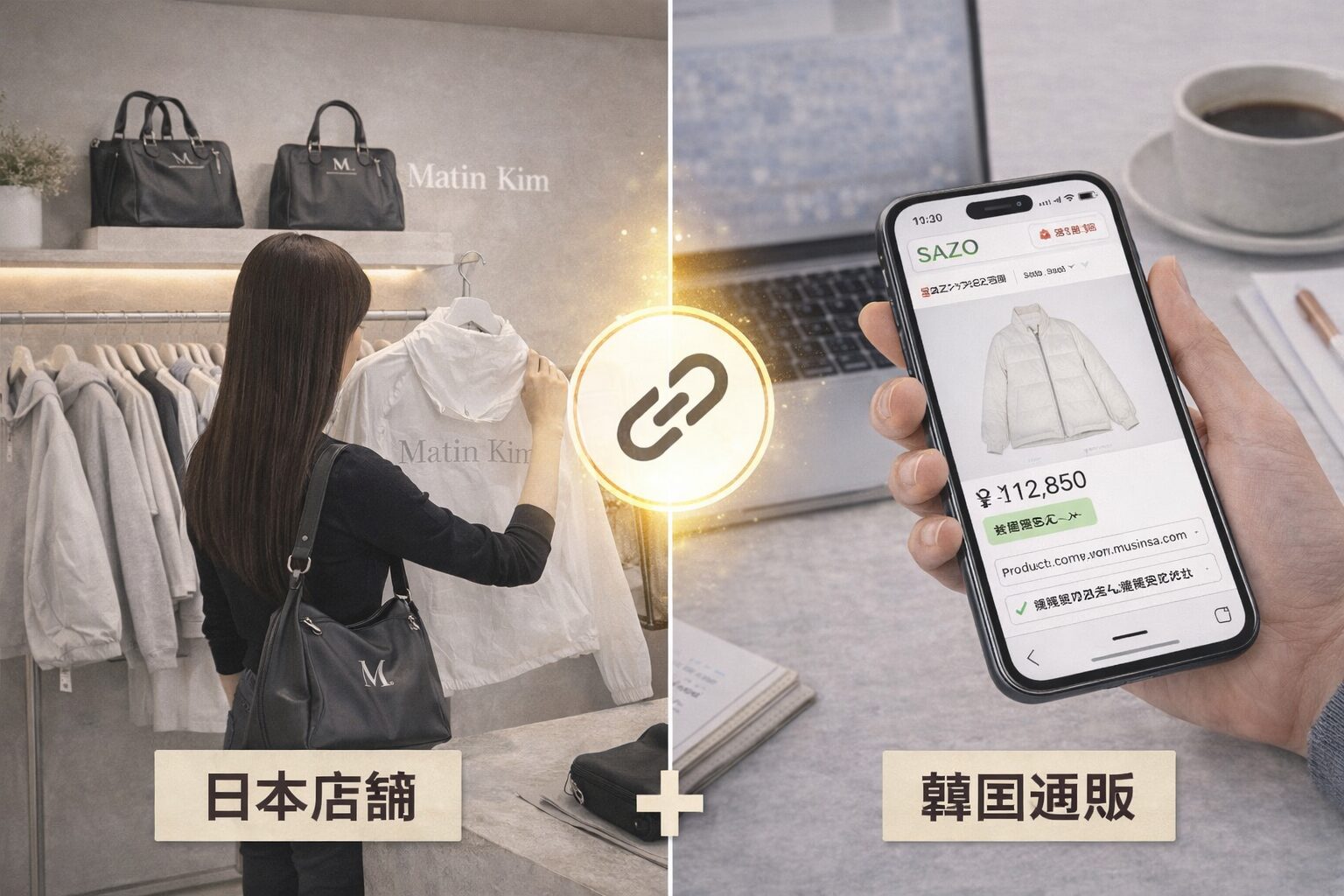 マーティンキムの店舗購入と韓国通販を併用するイメージ（店舗ショッピングとオンライン購入の両方を表現）