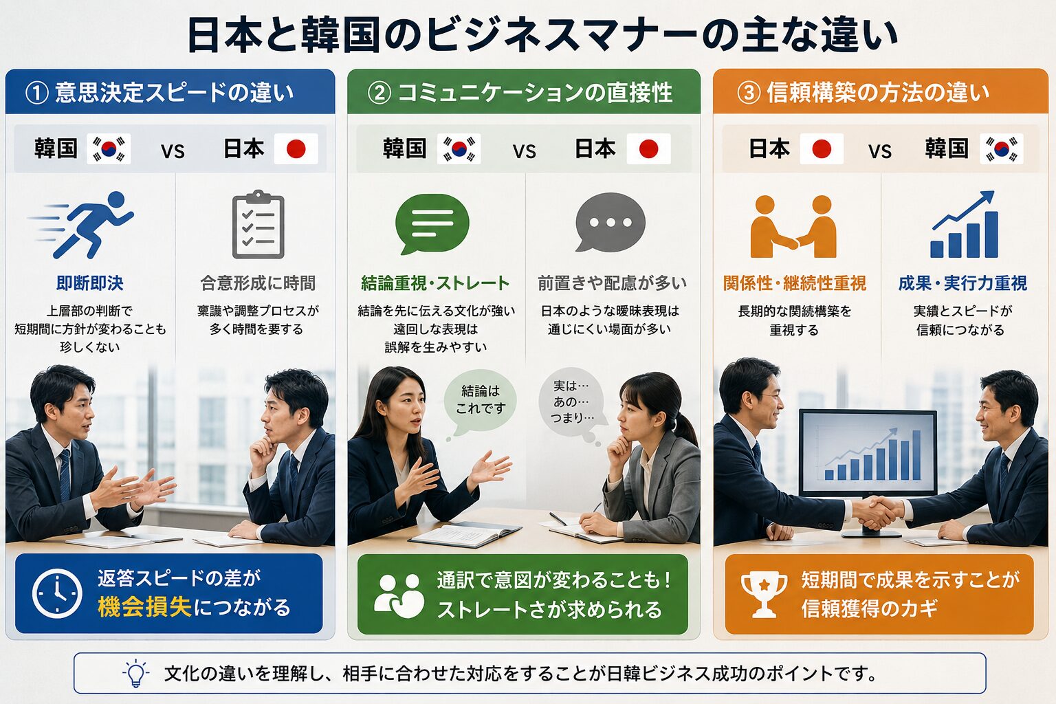 日本と韓国のビジネスマナーの主な違い