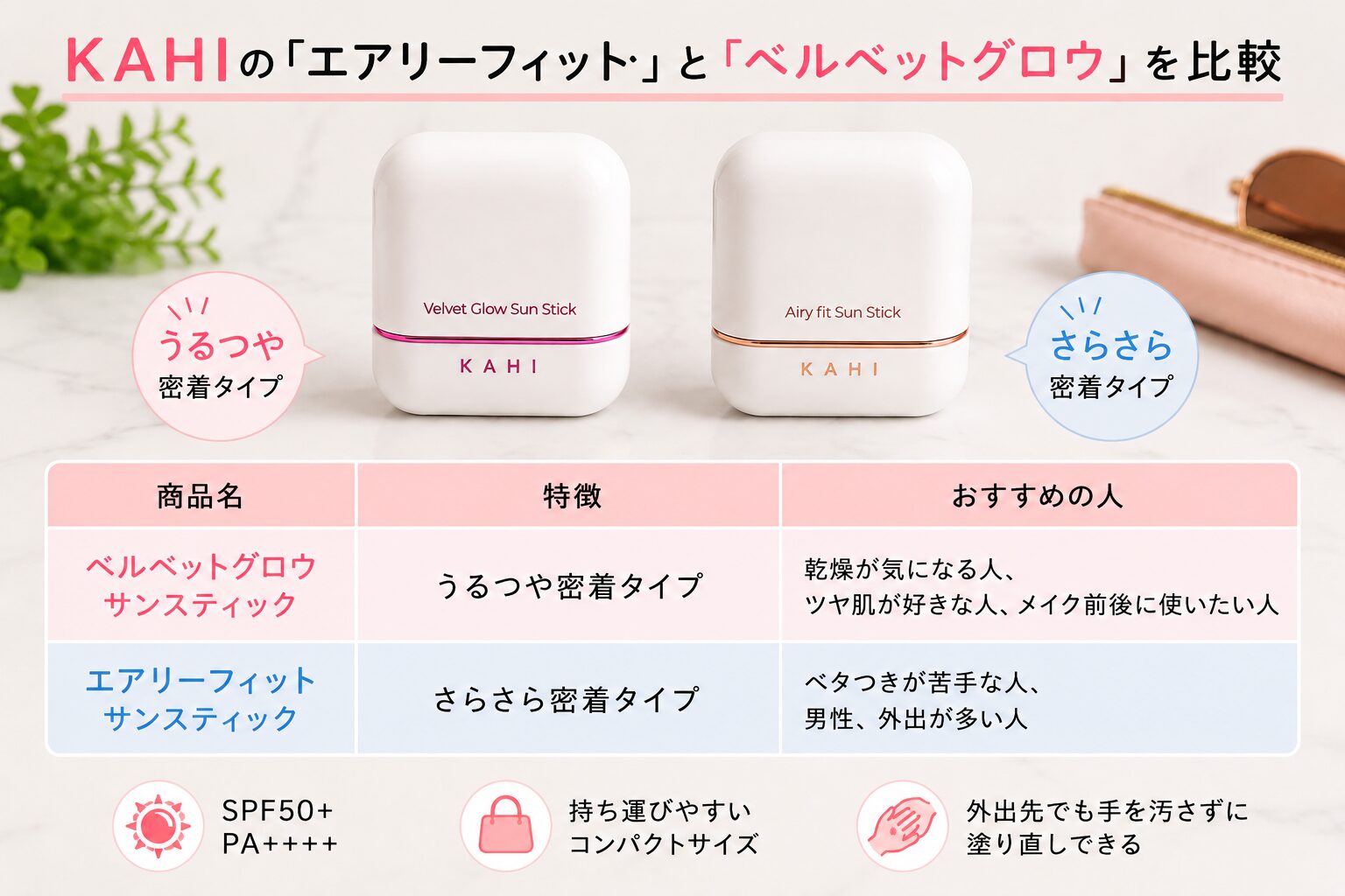 KAHIの「エアリーフィット サンスティック」と「ベルベットグロウ サンスティック」を比較