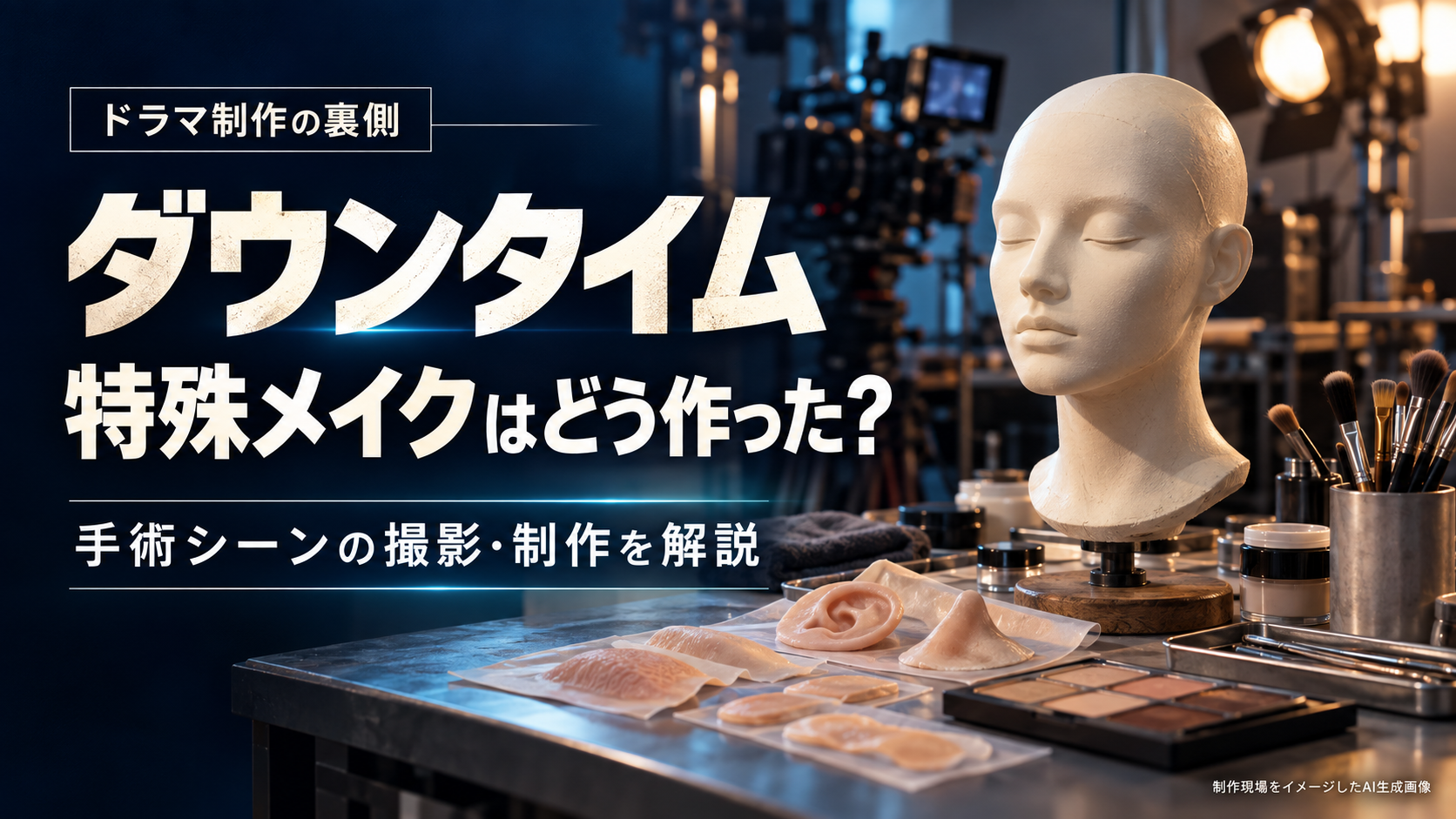 ドラマ『ダウンタイム』の特殊メイク解説用イメージ。顔の造形模型、メイク道具、撮影カメラ
