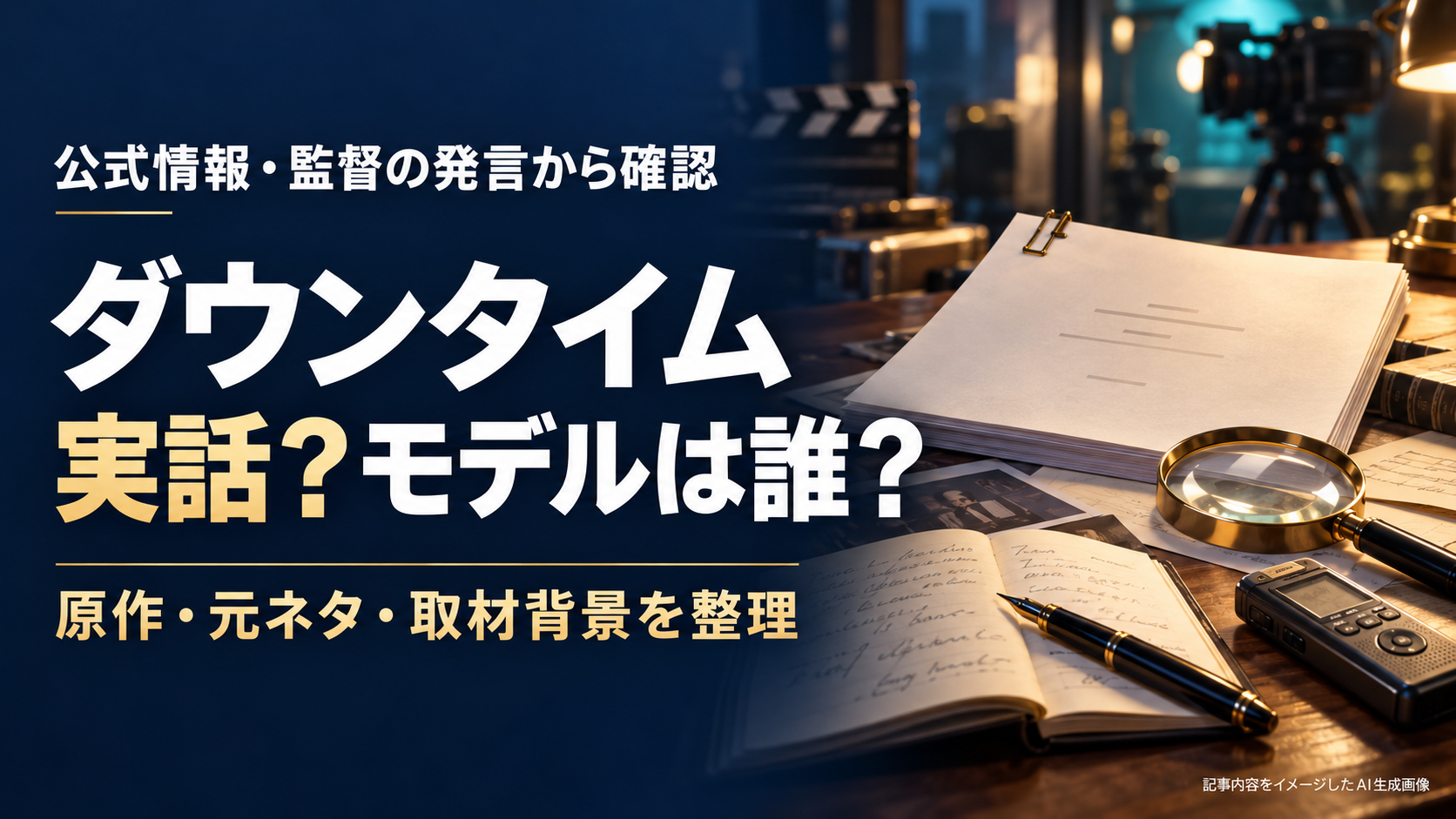 『ダウンタイム』の実話・原作・モデルを解説する記事のイメージ。台本風の書類、取材ノート、虫眼鏡