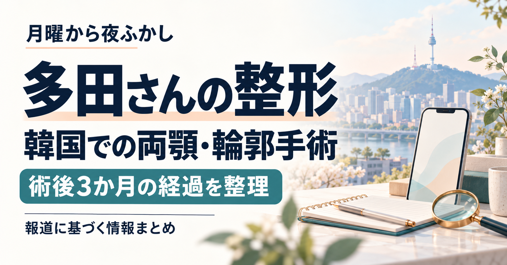 月曜から夜ふかしの多田さんの韓国での両顎・輪郭手術と術後3か月の経過を紹介する記事のアイキャッチ